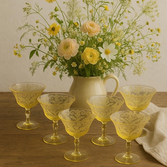 Other - Vintage Fostoria Versailles Topaz Yellow Etched Champagne Coupes - Set of 7